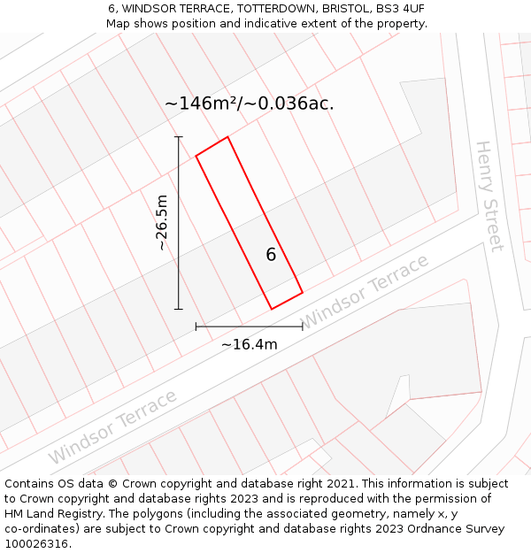 6, WINDSOR TERRACE, TOTTERDOWN, BRISTOL, BS3 4UF: Plot and title map