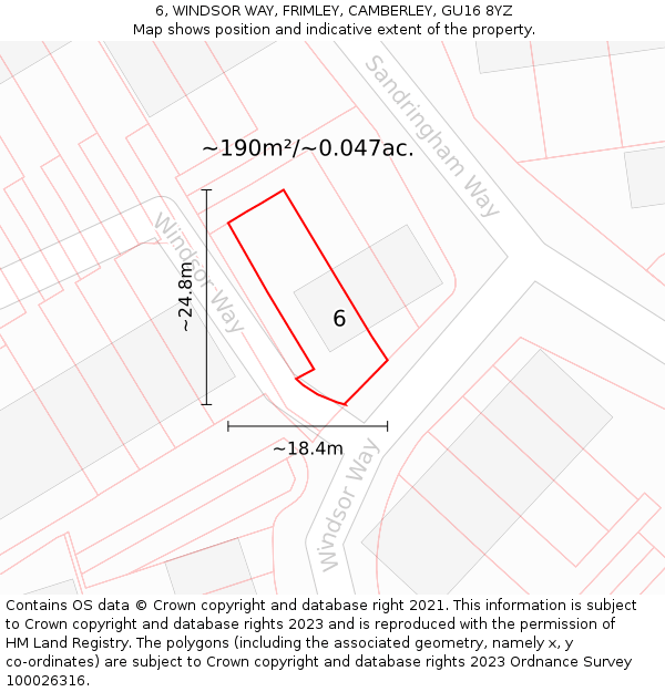 6, WINDSOR WAY, FRIMLEY, CAMBERLEY, GU16 8YZ: Plot and title map