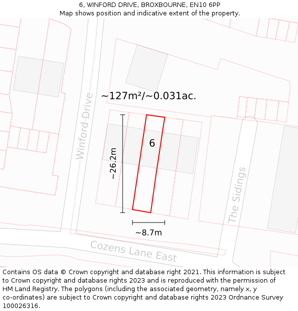 6, WINFORD DRIVE, BROXBOURNE, EN10 6PP: Plot and title map