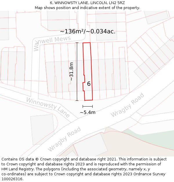 6, WINNOWSTY LANE, LINCOLN, LN2 5RZ: Plot and title map