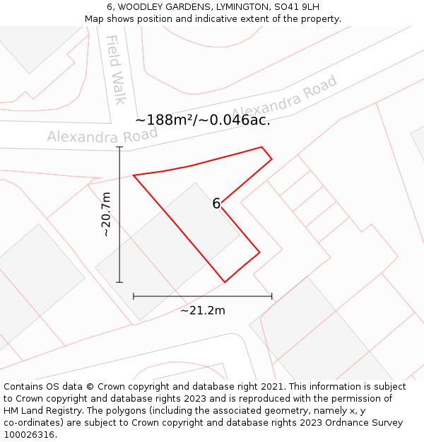 6, WOODLEY GARDENS, LYMINGTON, SO41 9LH: Plot and title map
