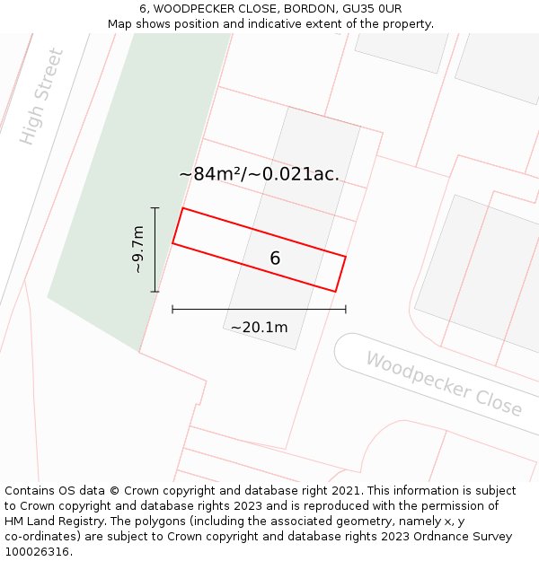 6, WOODPECKER CLOSE, BORDON, GU35 0UR: Plot and title map