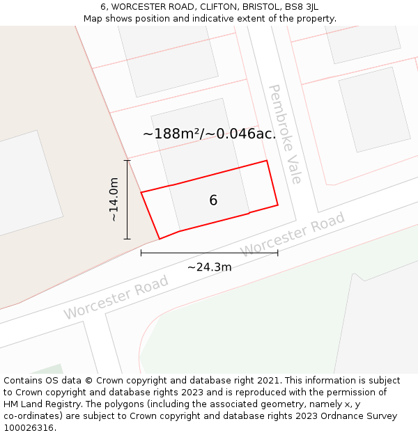 6, WORCESTER ROAD, CLIFTON, BRISTOL, BS8 3JL: Plot and title map