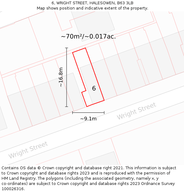 6, WRIGHT STREET, HALESOWEN, B63 3LB: Plot and title map