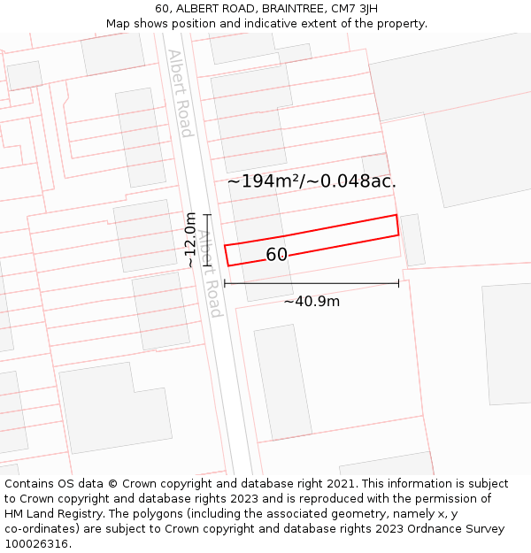 60, ALBERT ROAD, BRAINTREE, CM7 3JH: Plot and title map