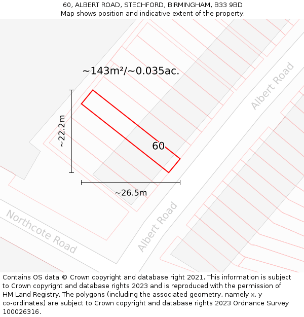 60, ALBERT ROAD, STECHFORD, BIRMINGHAM, B33 9BD: Plot and title map