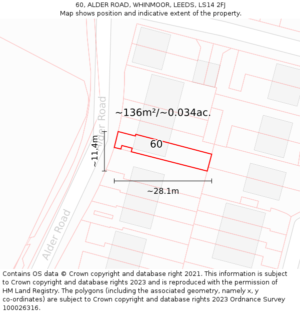 60, ALDER ROAD, WHINMOOR, LEEDS, LS14 2FJ: Plot and title map