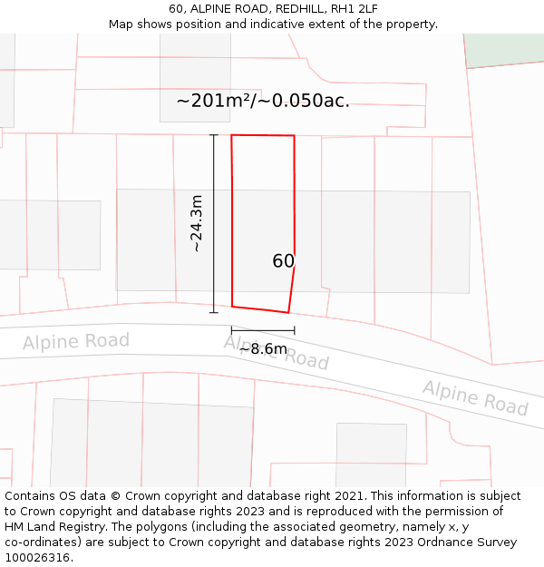 60, ALPINE ROAD, REDHILL, RH1 2LF: Plot and title map