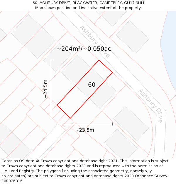 60, ASHBURY DRIVE, BLACKWATER, CAMBERLEY, GU17 9HH: Plot and title map