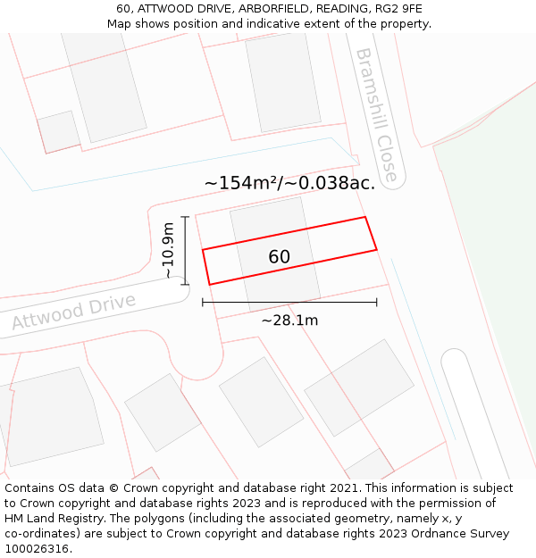 60, ATTWOOD DRIVE, ARBORFIELD, READING, RG2 9FE: Plot and title map