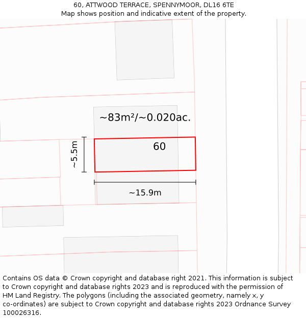 60, ATTWOOD TERRACE, SPENNYMOOR, DL16 6TE: Plot and title map
