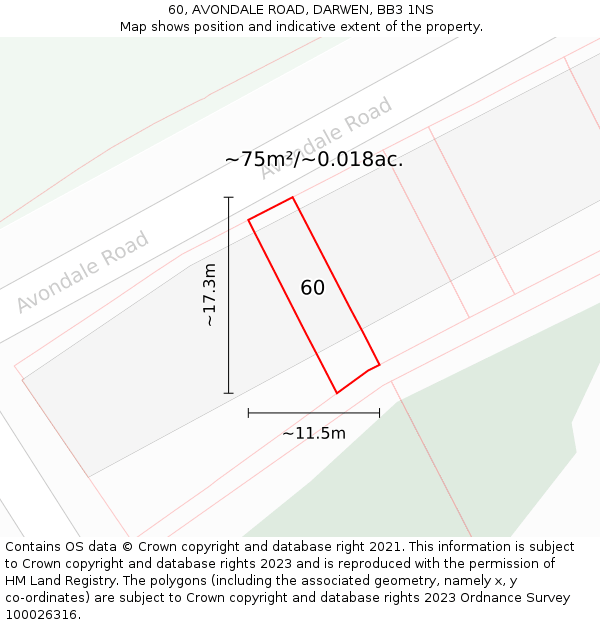60, AVONDALE ROAD, DARWEN, BB3 1NS: Plot and title map