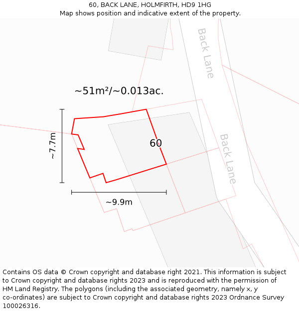 60, BACK LANE, HOLMFIRTH, HD9 1HG: Plot and title map