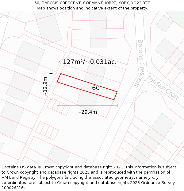 60, BARONS CRESCENT, COPMANTHORPE, YORK, YO23 3TZ: Plot and title map