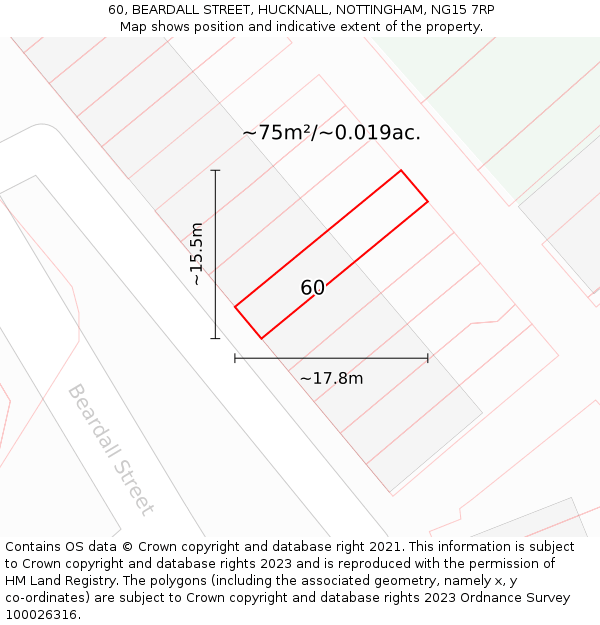 60, BEARDALL STREET, HUCKNALL, NOTTINGHAM, NG15 7RP: Plot and title map