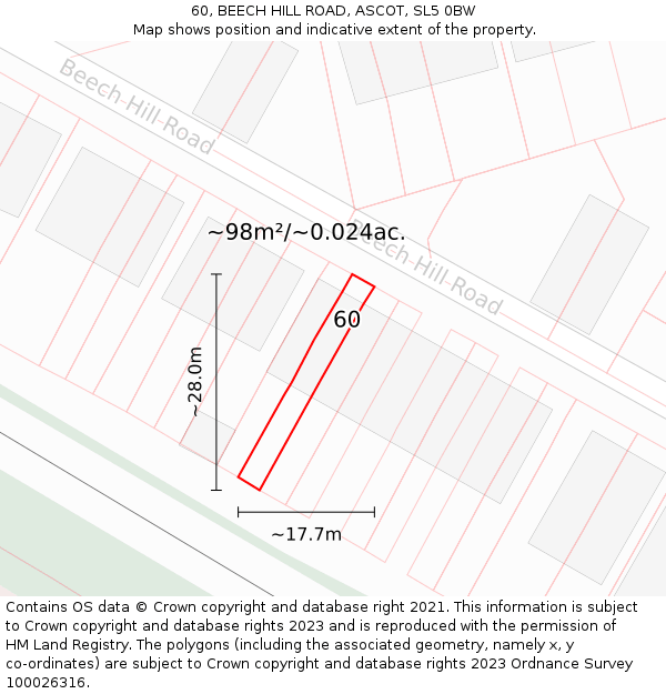 60, BEECH HILL ROAD, ASCOT, SL5 0BW: Plot and title map