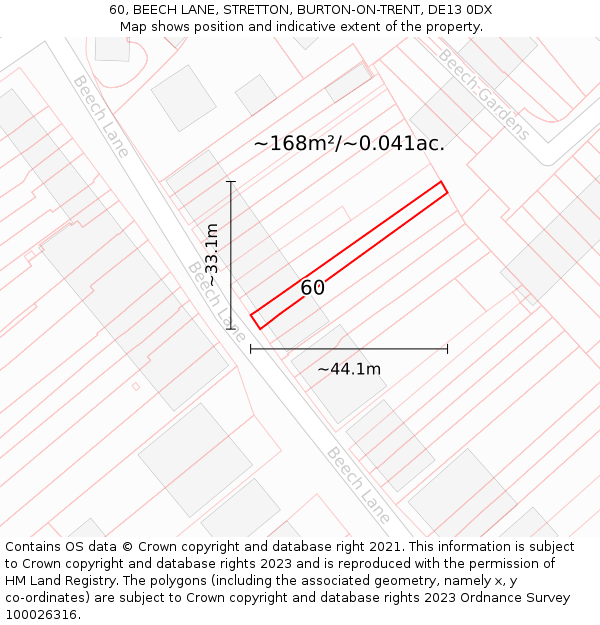 60, BEECH LANE, STRETTON, BURTON-ON-TRENT, DE13 0DX: Plot and title map