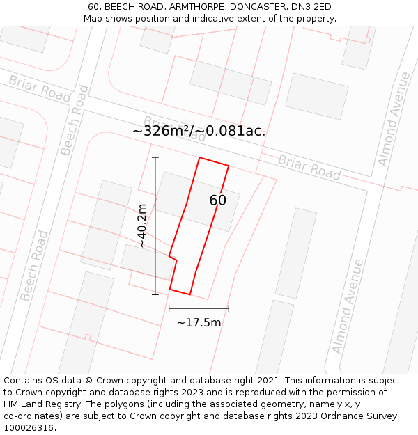 60, BEECH ROAD, ARMTHORPE, DONCASTER, DN3 2ED: Plot and title map