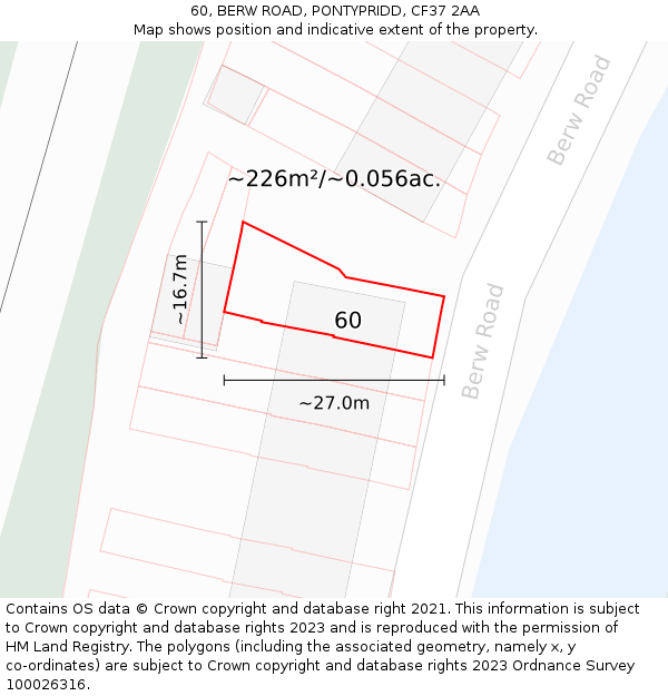 60, BERW ROAD, PONTYPRIDD, CF37 2AA: Plot and title map