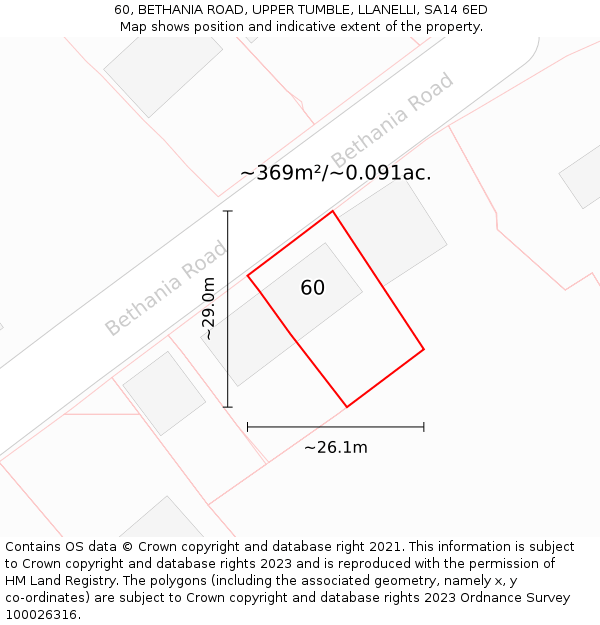 60, BETHANIA ROAD, UPPER TUMBLE, LLANELLI, SA14 6ED: Plot and title map