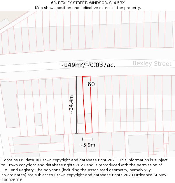 60, BEXLEY STREET, WINDSOR, SL4 5BX: Plot and title map