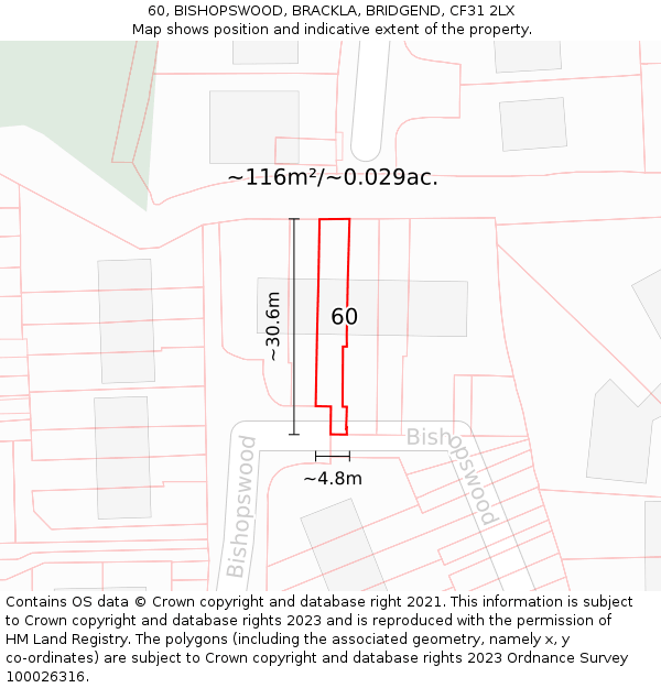 60, BISHOPSWOOD, BRACKLA, BRIDGEND, CF31 2LX: Plot and title map