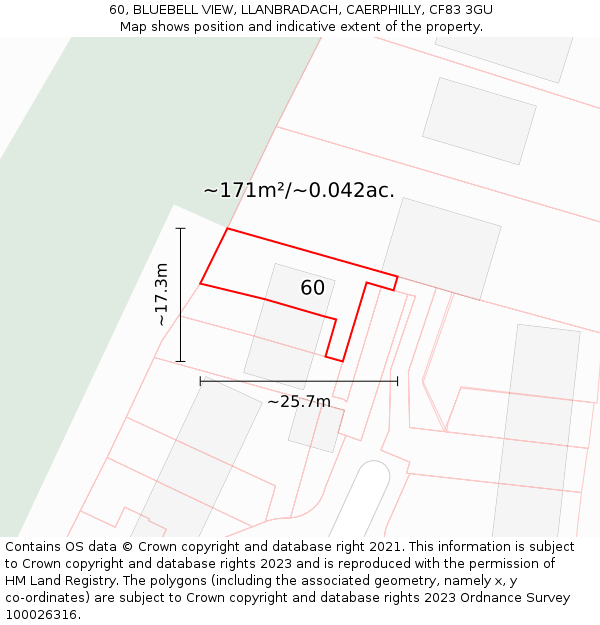 60, BLUEBELL VIEW, LLANBRADACH, CAERPHILLY, CF83 3GU: Plot and title map