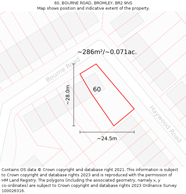 60, BOURNE ROAD, BROMLEY, BR2 9NS: Plot and title map
