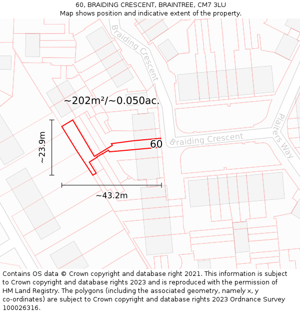 60, BRAIDING CRESCENT, BRAINTREE, CM7 3LU: Plot and title map