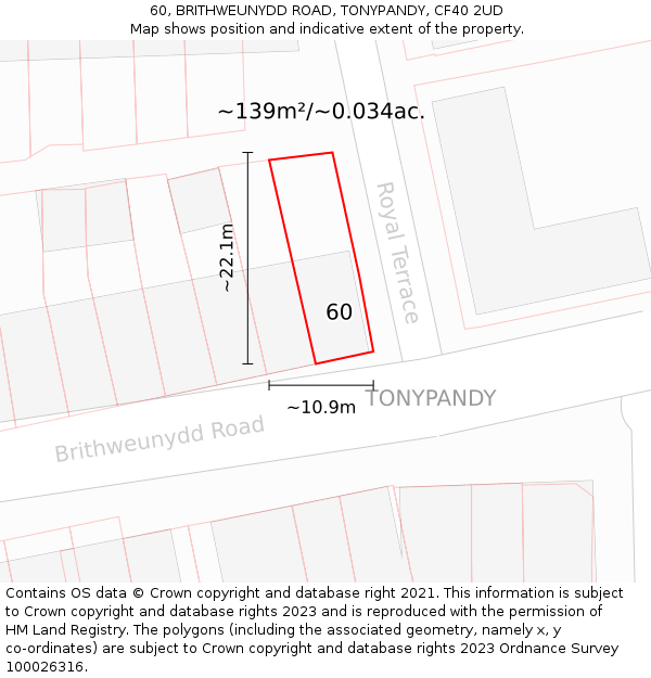 60, BRITHWEUNYDD ROAD, TONYPANDY, CF40 2UD: Plot and title map