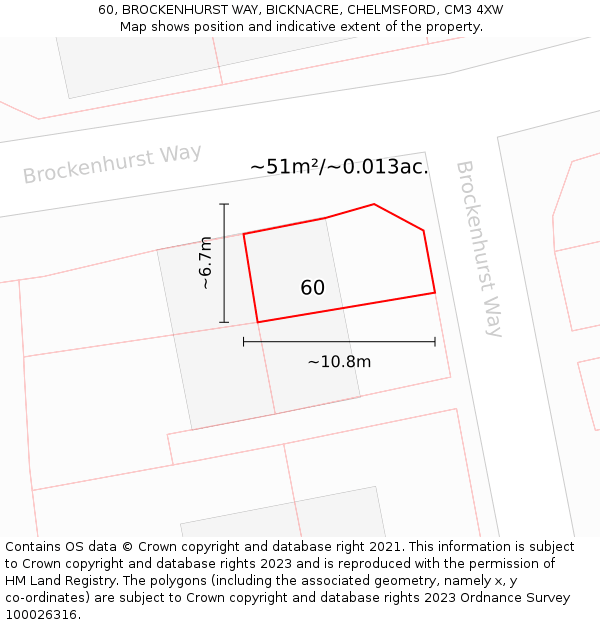 60, BROCKENHURST WAY, BICKNACRE, CHELMSFORD, CM3 4XW: Plot and title map