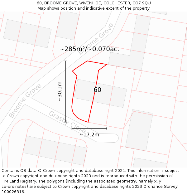 60, BROOME GROVE, WIVENHOE, COLCHESTER, CO7 9QU: Plot and title map