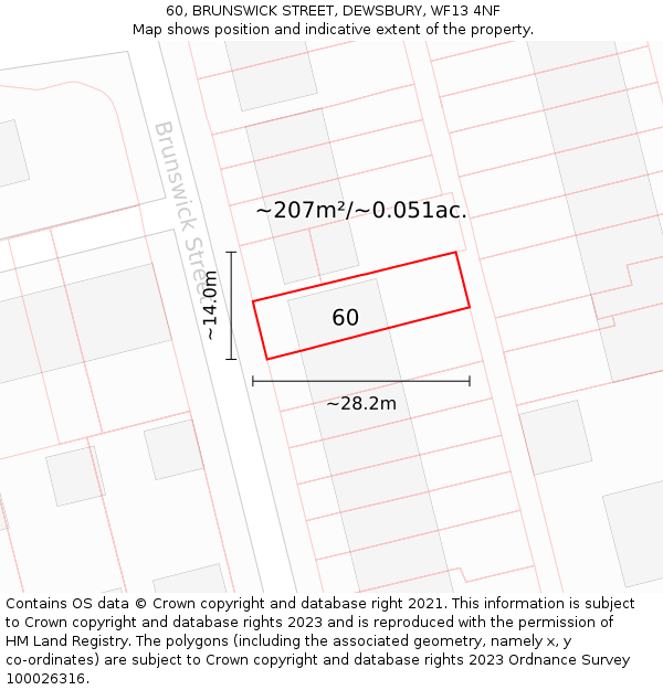 60, BRUNSWICK STREET, DEWSBURY, WF13 4NF: Plot and title map