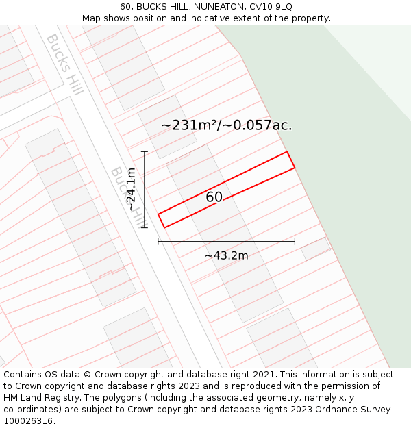 60, BUCKS HILL, NUNEATON, CV10 9LQ: Plot and title map