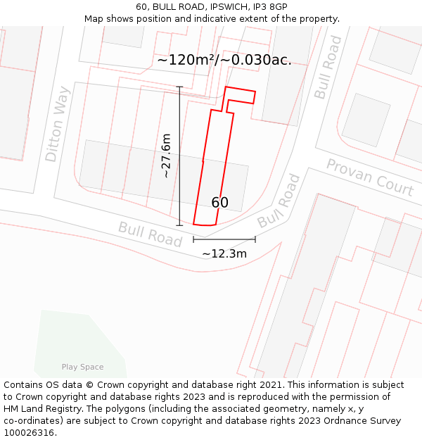 60, BULL ROAD, IPSWICH, IP3 8GP: Plot and title map