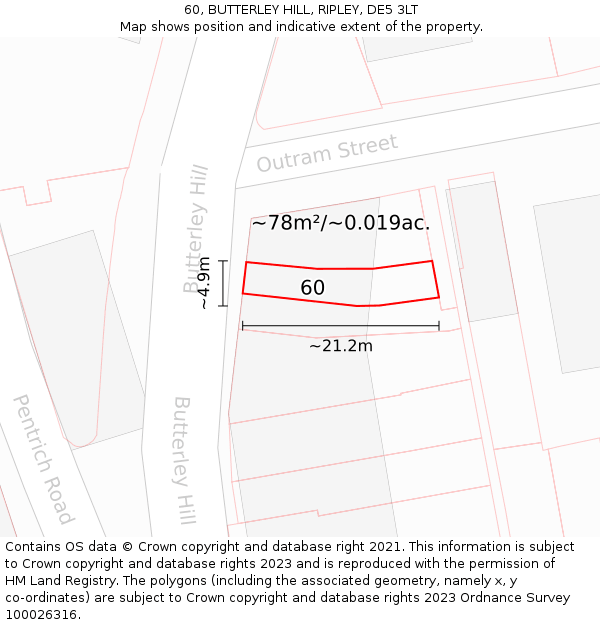 60, BUTTERLEY HILL, RIPLEY, DE5 3LT: Plot and title map