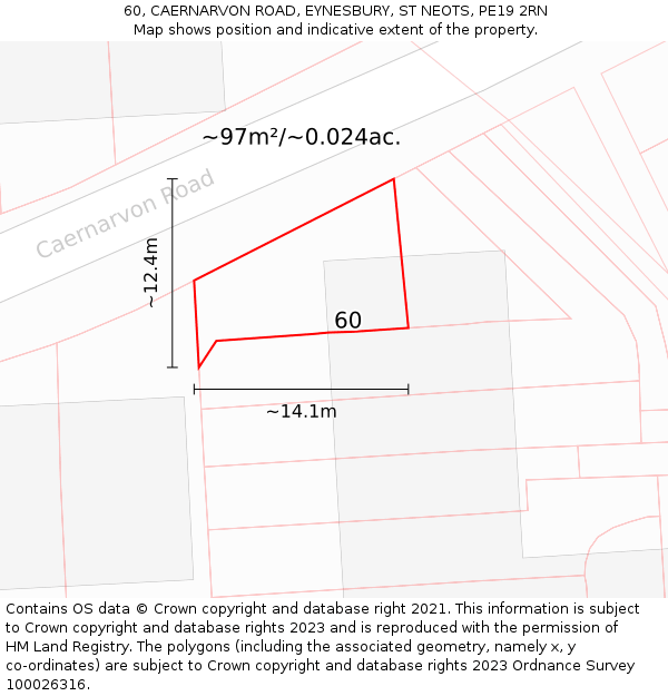 60, CAERNARVON ROAD, EYNESBURY, ST NEOTS, PE19 2RN: Plot and title map