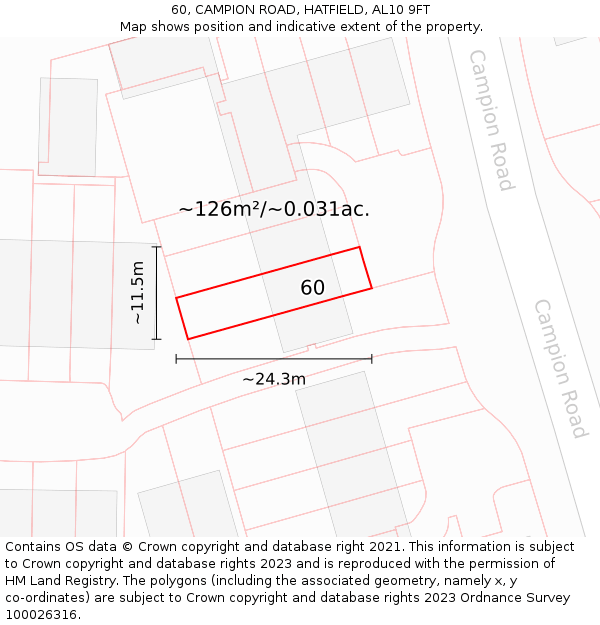 60, CAMPION ROAD, HATFIELD, AL10 9FT: Plot and title map