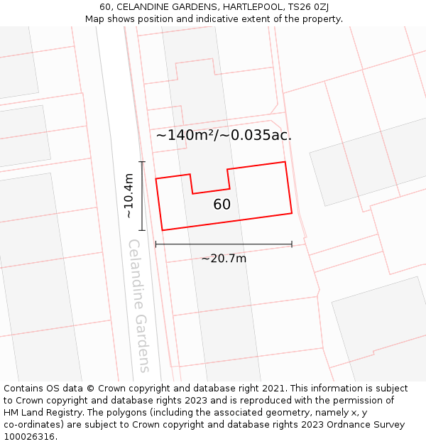 60, CELANDINE GARDENS, HARTLEPOOL, TS26 0ZJ: Plot and title map