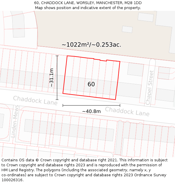 60, CHADDOCK LANE, WORSLEY, MANCHESTER, M28 1DD: Plot and title map