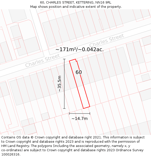 60, CHARLES STREET, KETTERING, NN16 9RL: Plot and title map