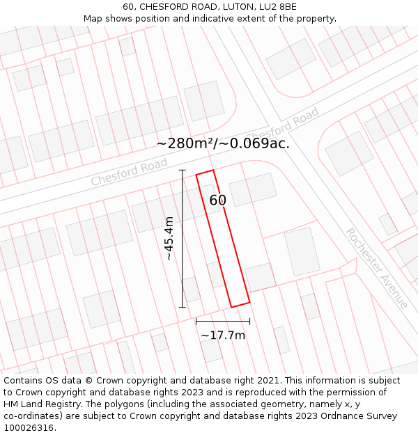 60, CHESFORD ROAD, LUTON, LU2 8BE: Plot and title map