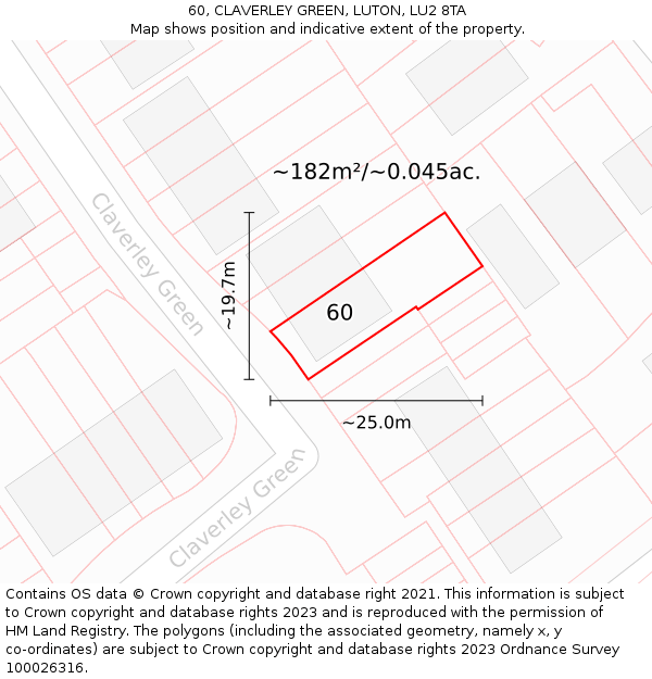 60, CLAVERLEY GREEN, LUTON, LU2 8TA: Plot and title map