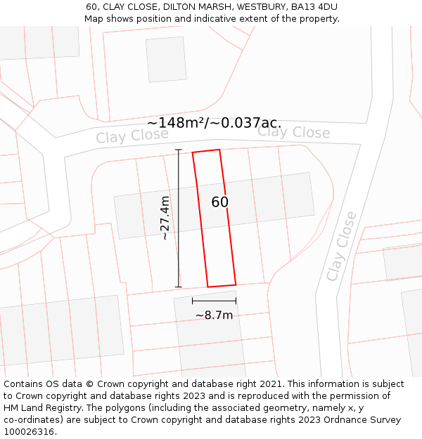 60, CLAY CLOSE, DILTON MARSH, WESTBURY, BA13 4DU: Plot and title map