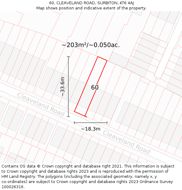 60, CLEAVELAND ROAD, SURBITON, KT6 4AJ: Plot and title map