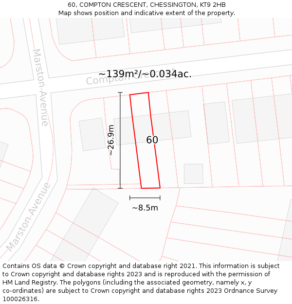 60, COMPTON CRESCENT, CHESSINGTON, KT9 2HB: Plot and title map