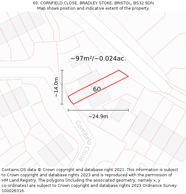 60, CORNFIELD CLOSE, BRADLEY STOKE, BRISTOL, BS32 9DN: Plot and title map