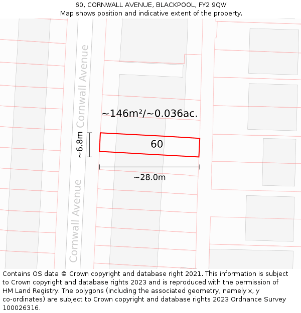 60, CORNWALL AVENUE, BLACKPOOL, FY2 9QW: Plot and title map