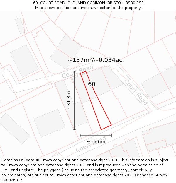 60, COURT ROAD, OLDLAND COMMON, BRISTOL, BS30 9SP: Plot and title map