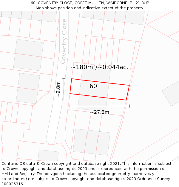 60, COVENTRY CLOSE, CORFE MULLEN, WIMBORNE, BH21 3UP: Plot and title map